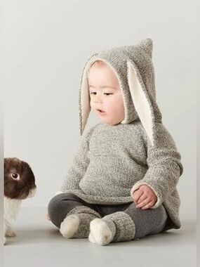 Oeuf Knit Bunny Ear Hoodie Sweater in Heather Grey